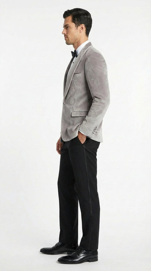 Men's Platinum Velvet Dinner Jacket with Satin Shawl Lapel | Formal Wedding Prom Blazer