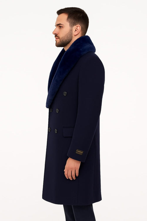 Mens Double-Breasted Navy Overcoat with Plush Blue Faux Fur Collar – Alberto Nardoni Winter Coat