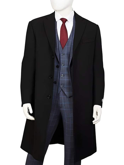 Mens Black Overcoat - Men's Three Button Wool ~ Poly Blend Black Overcoat