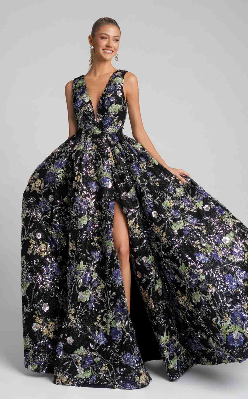 Floral A-Line Gown with Deep V-Neck & High Slit Sleeveless Dress by Portia & Scarlett PS26091