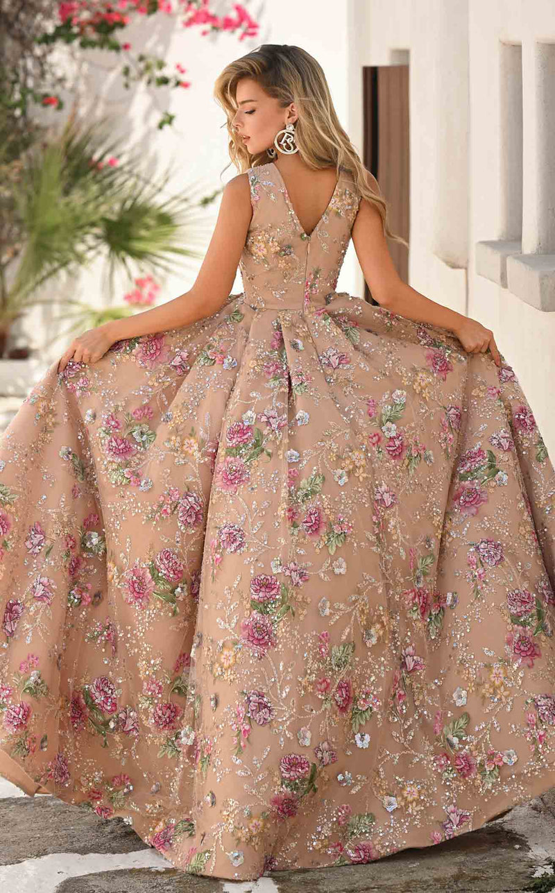 Floral A-Line Gown with Deep V-Neck & High Slit Sleeveless Dress by Portia & Scarlett PS26091