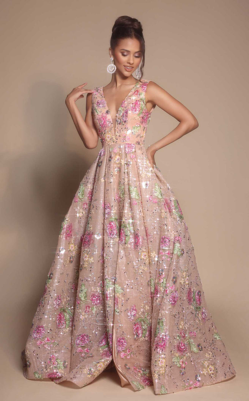 Floral A-Line Gown with Deep V-Neck & High Slit Sleeveless Dress by Portia & Scarlett PS26091