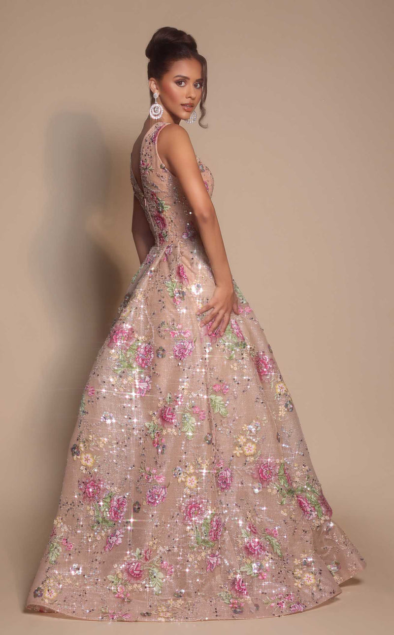Floral A-Line Gown with Deep V-Neck & High Slit Sleeveless Dress by Portia & Scarlett PS26091