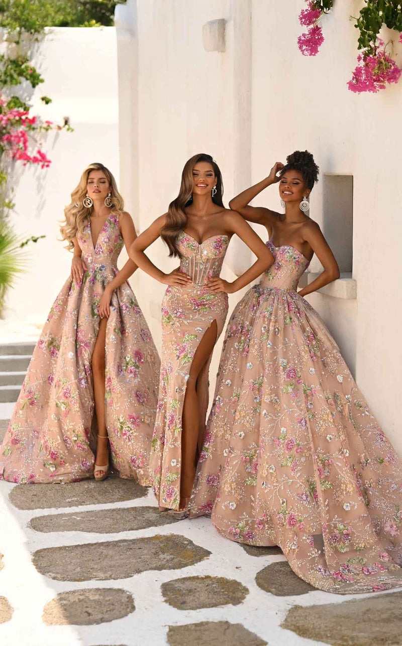 Floral A-Line Gown with Deep V-Neck & High Slit Sleeveless Dress by Portia & Scarlett PS26091