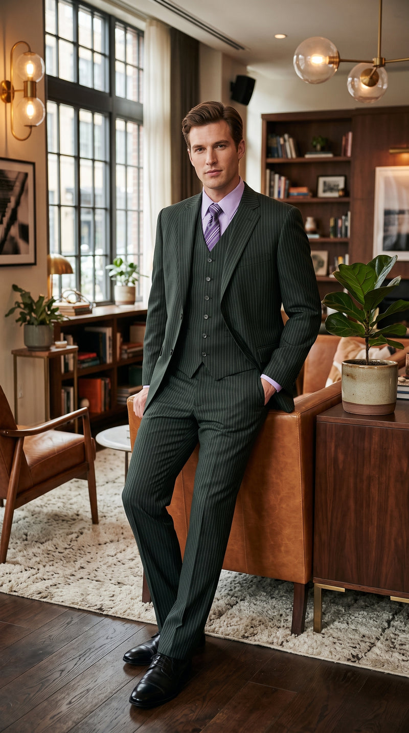 Men’s Black Pinstripe 3 Piece Suit, Vested 2 Button Formal Wedding Business Suit