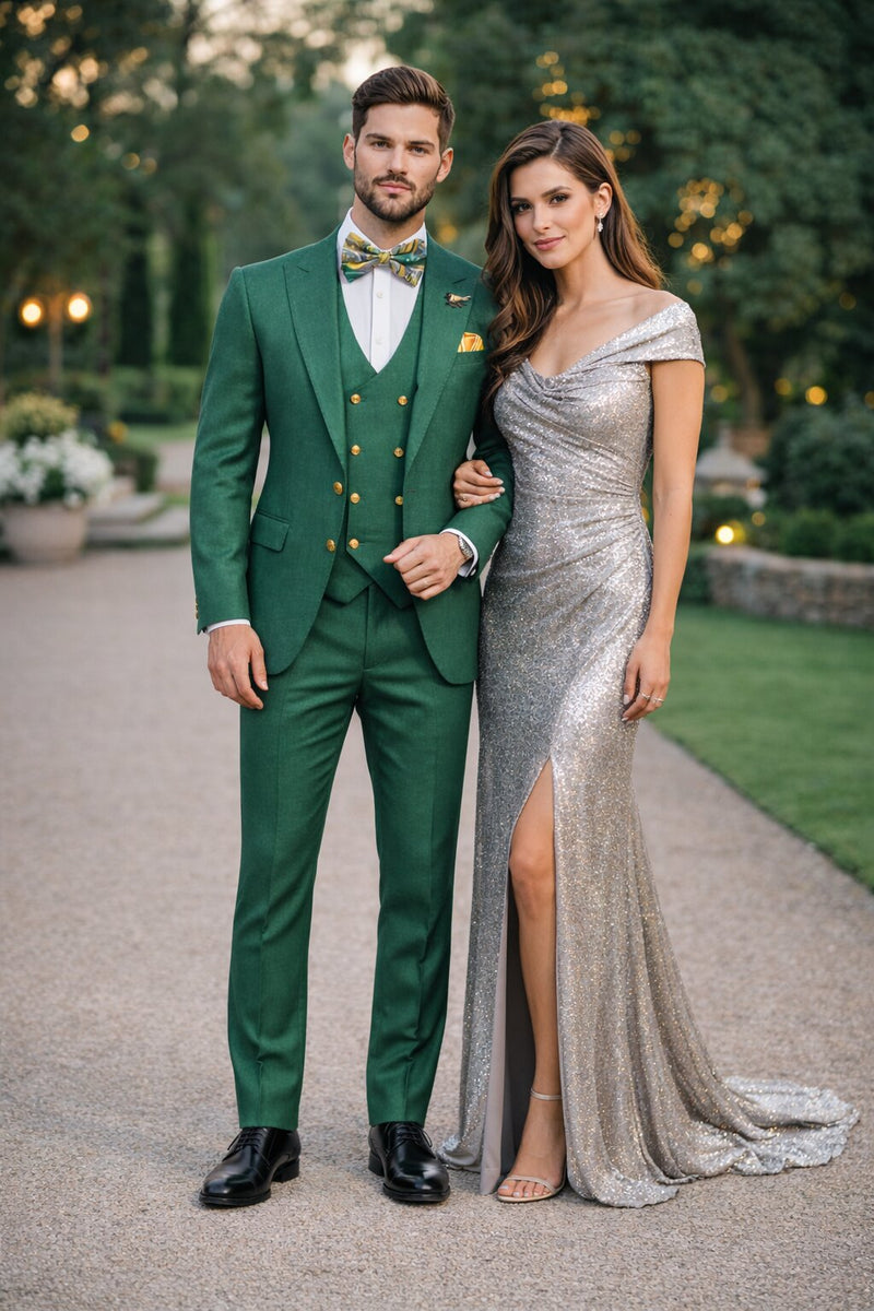 SKU#JA61583 Emerald Green and Gold Tuxedo Suit