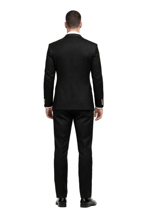 Men's Designer Modern Fit Double Breasted Wool Suit with Gold Buttons in Black