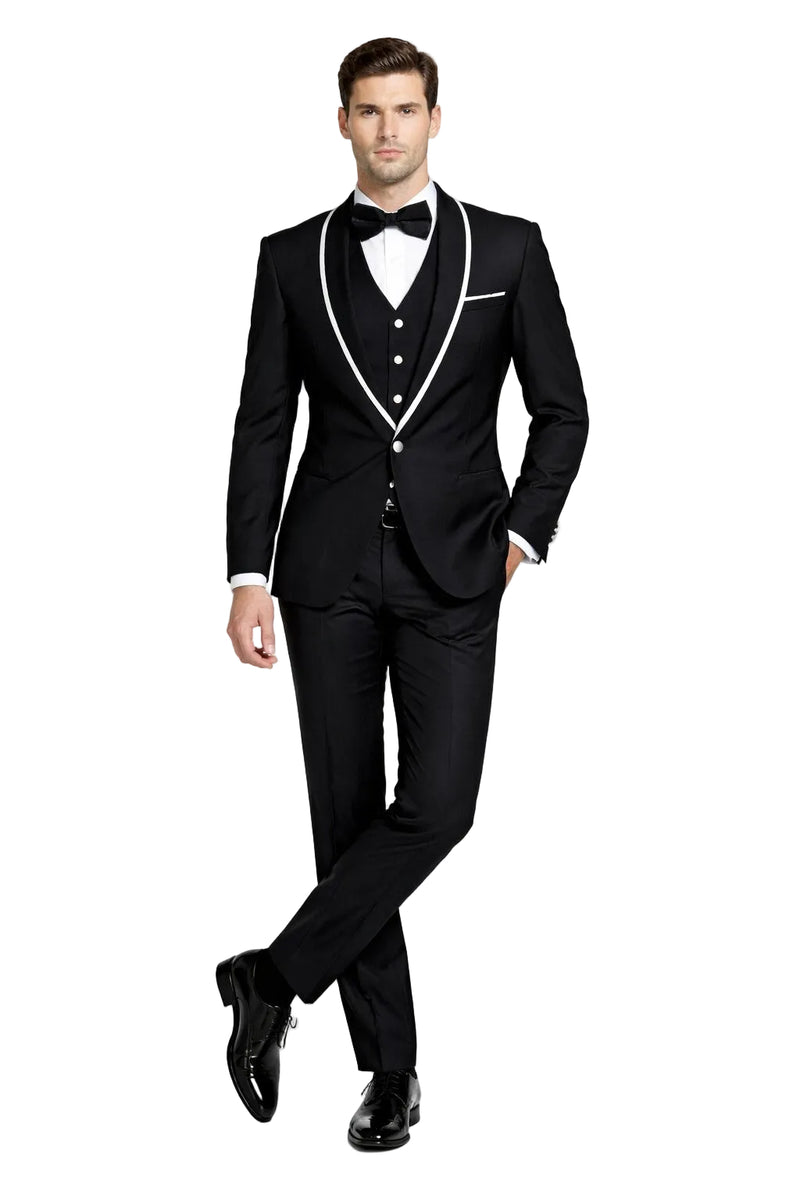 Mens One Button Satin Trim Shawl Tuxedo in Black & White