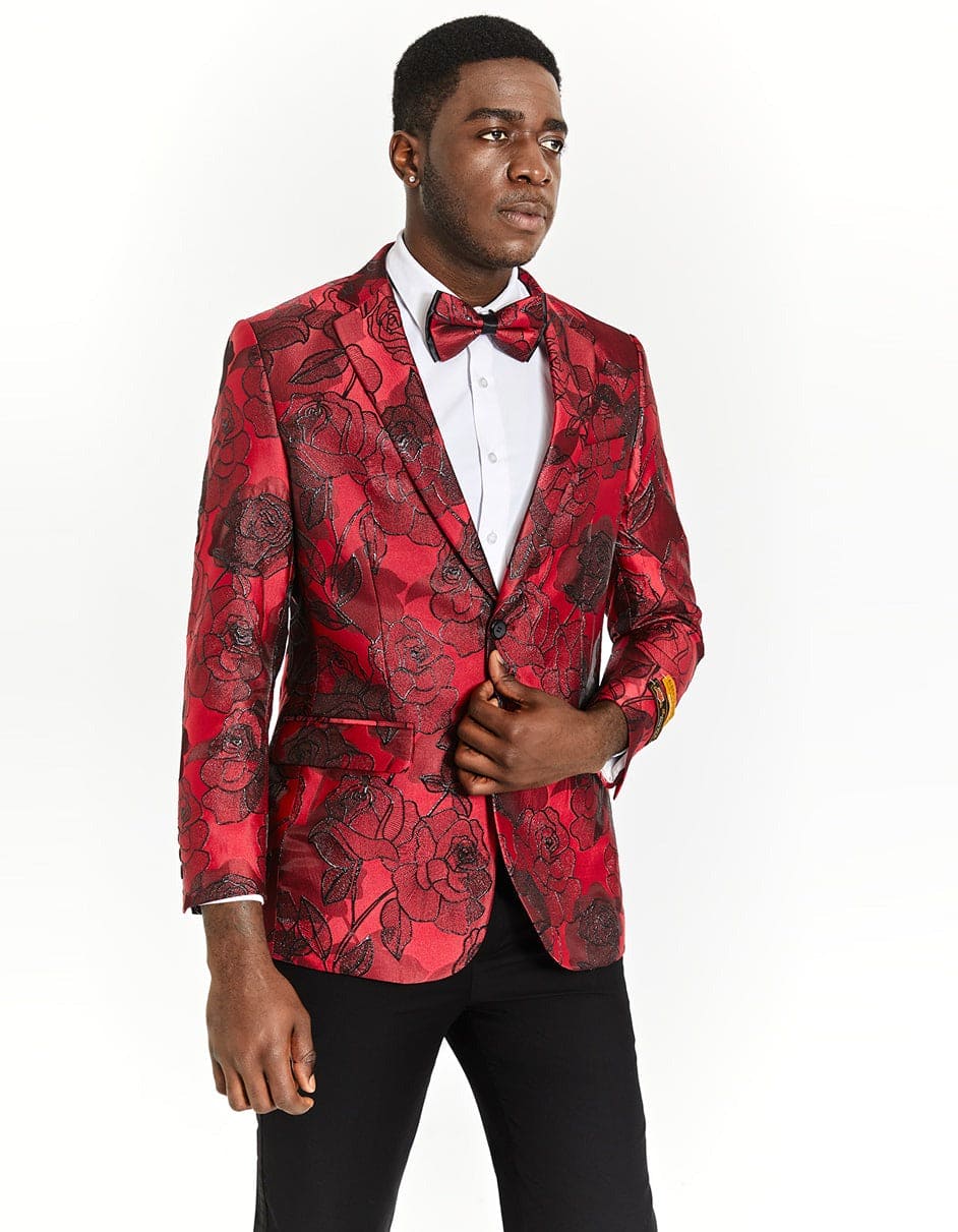 Men's Modern Fit Velvet Floral Paisley Foil Tuxedo Jacket in Red & Black main image 1