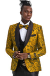 Mens One Button Slim Fit Paisley Skinny Fit Pant Vested Prom Tuxedo in Gold and Black