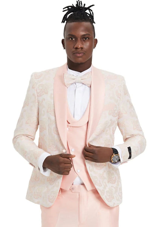 Mens One Button Vested Shawl Lapel Prom Tuxedo in Pink