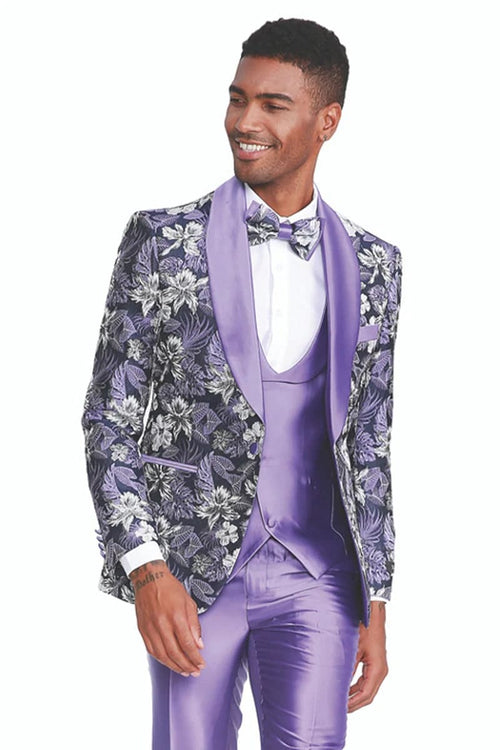 Mens Slim Fit One Button Paisley Shawl Lapel Prom Tuxedo in Purple