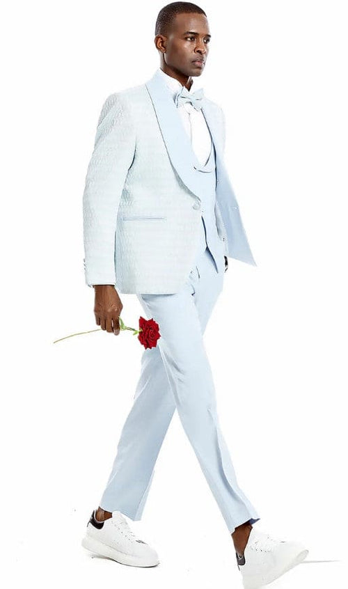 Mens One Button Solid Textured Vested Wedding and Prom Tuxedo in Sky Blue