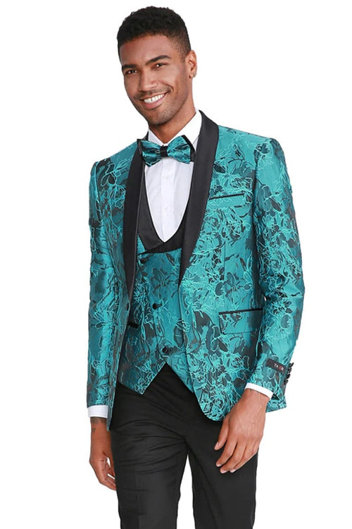Mens Slim Fit One Button Vested Shawl Lapel Prom Tuxedo in Turquoise