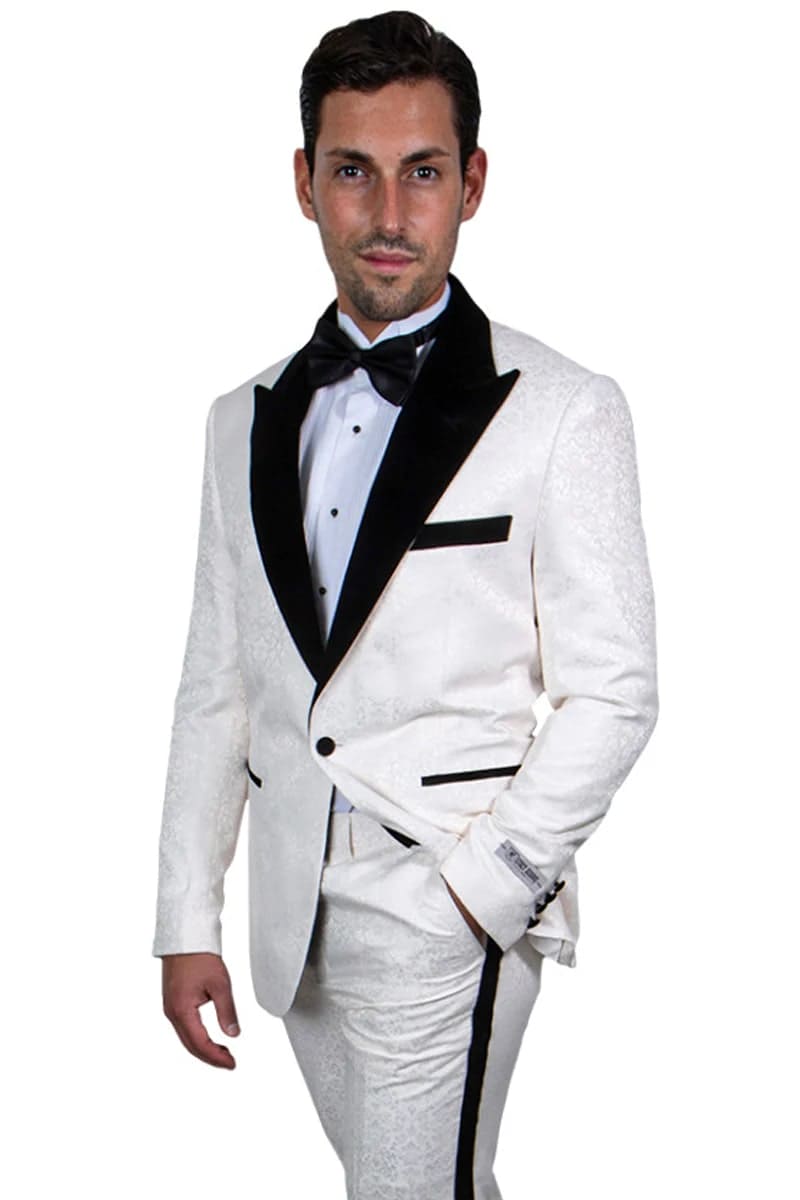 Mens Peak Lapel Paisley Prom and Wedding Tuxedo in Ivory and Black