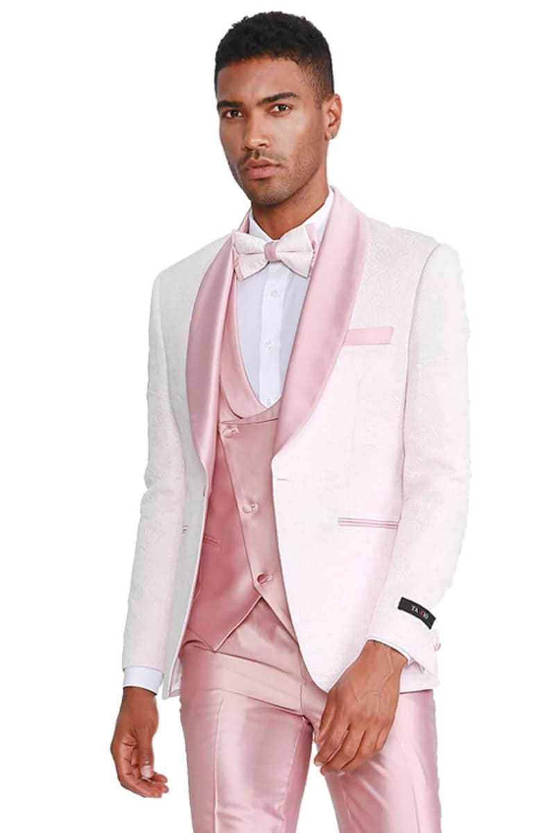 Mens One Button Prom and Wedding Tuxedo with Satin Vest and Pants in Pink