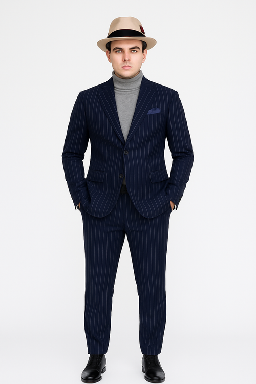 Suit And Turtleneck Combo - Turtleneck Prom Outfits - Prom Turtleneck Navy Suit