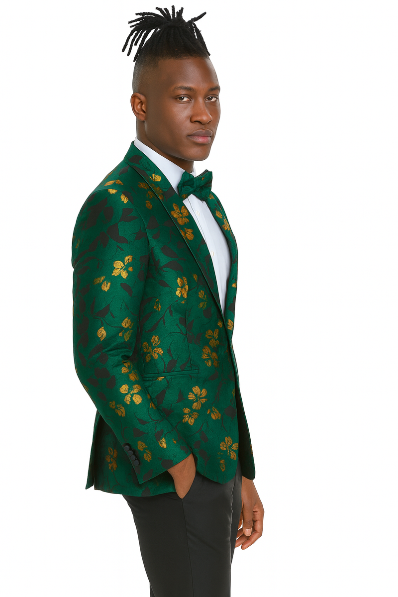Slim fit hunter green jacket with gold paisley. Single-breasted, notch lapel, and side pockets. Slight sheen material.