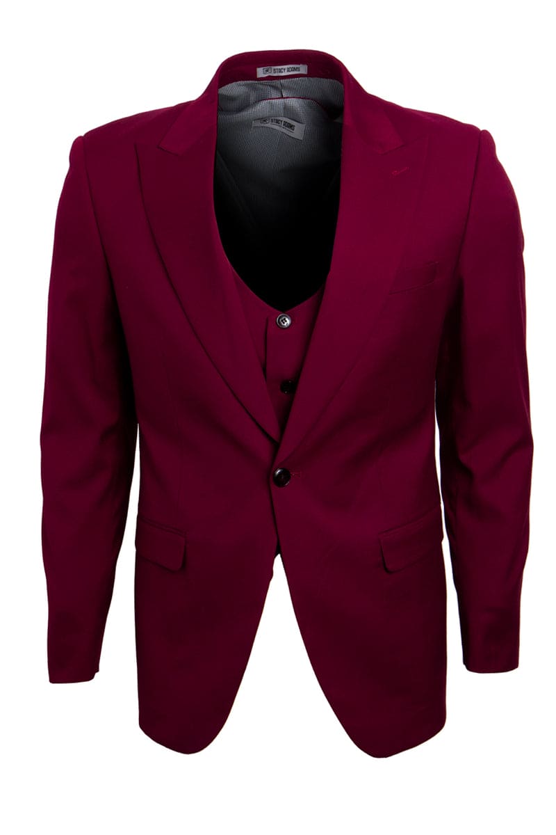 "Mens Stacy Adams Suit - Stacy Adams Suit Men's Burgundy Suit - One Button Peak Lapel with Vest"