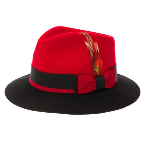 Men's Two Tone Trilby Fedora Dress Hat with Contrast Band in Red & Black