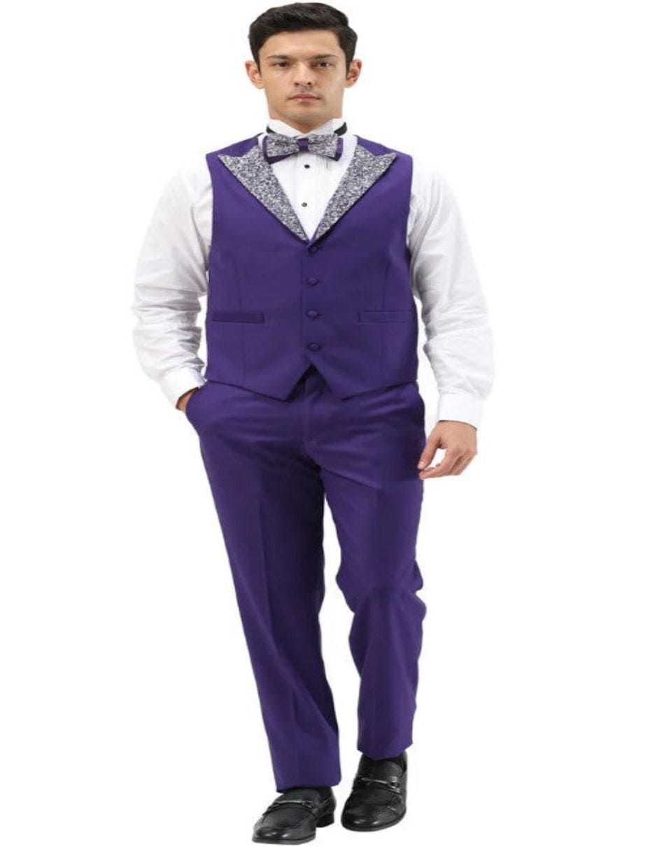 Purple and Silver Prom Tuxedo - Perfect Wedding Suit Vested rhinestone Lapelled