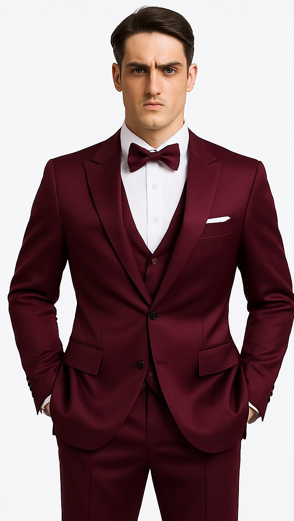 Purple satin Tazzio 3-piece suit for men. Slim fit with peak lapel & double-breasted jacket. Features a smooth, glossy finish and a matching waistcoat.