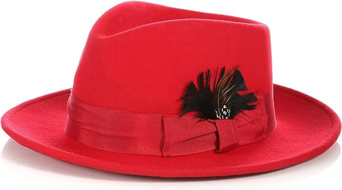 Gangster 100% Australian Wool Crushable Mens Fedora Hat - Removable Feather Gangster Red Mens Fedora Hat