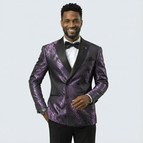 Men's formal purple jacquard tuxedo jacket. Black satin peak lapel, patterned texture, tailored fit. Features front buttons and angled pockets.