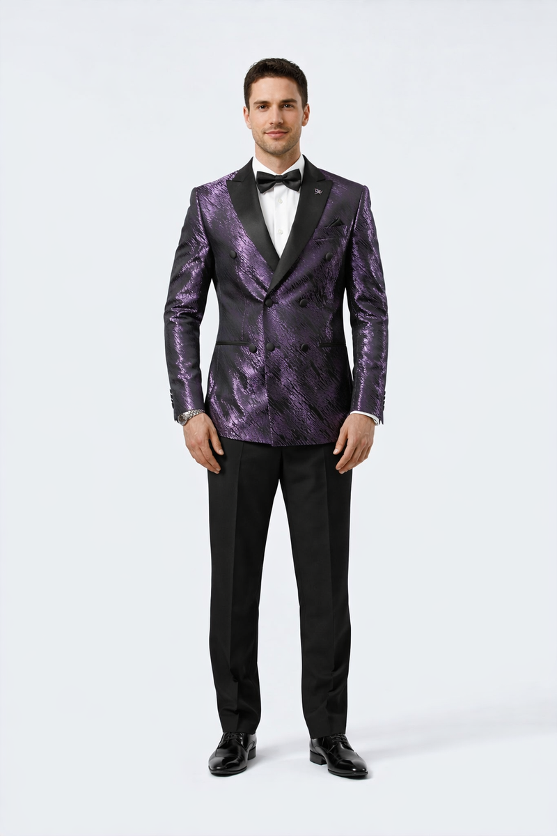 Men's purple jacquard tuxedo jacket. Black satin peak lapel, double-breasted, textured pattern. Structured shoulders, fitted sleeves. Formal elegance.