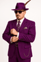 Three-piece gangster outfit: purple pinstripe zoot suit (jacket, pants, vest), classic cut, notched lapel, pocket square. Includes a matching vest and a purple fedora hat with a feather.