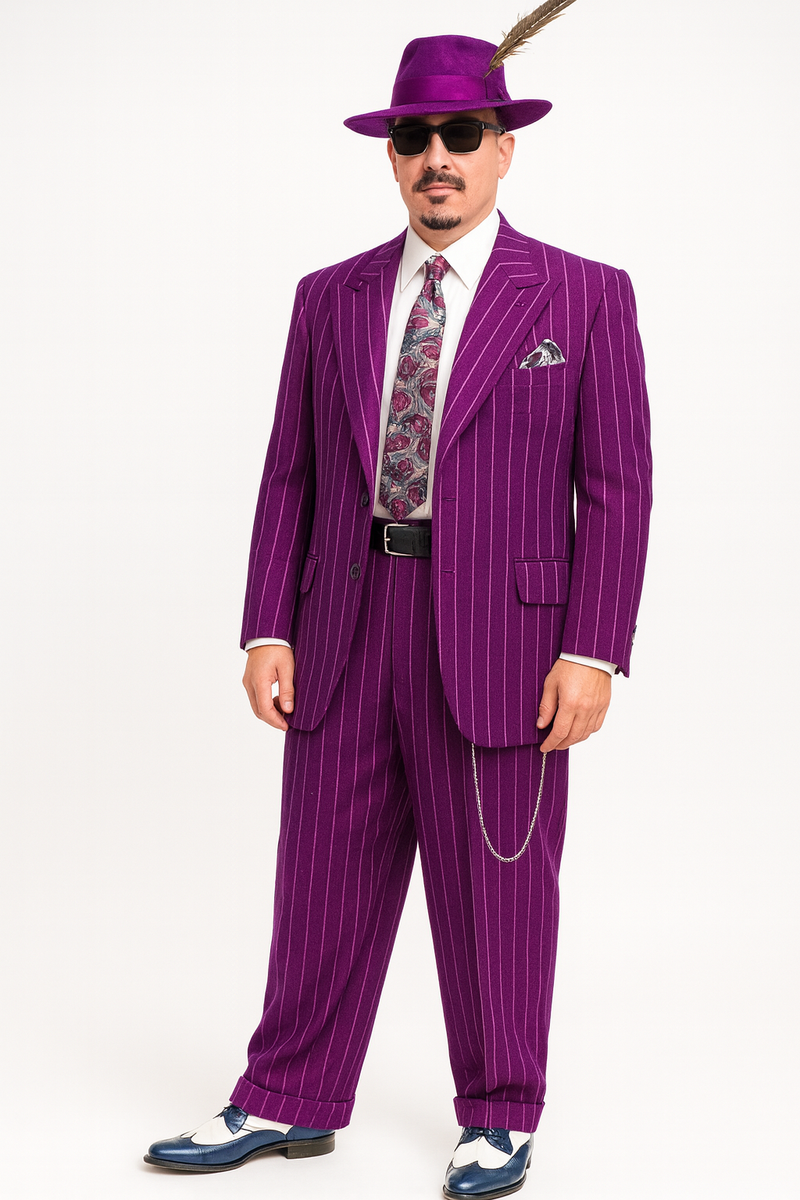 Purple pinstripe zoot suit: jacket, vest, pants. Textured wool blend. Vertical lighter purple stripes. Tailored jacket, notched lapels. Loose pants, tapered cuffs. Purple hat with feather. Patterned tie.