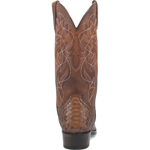Dan Post Men's Bay Apache Manning cowboy boot. Brown leather with python accents. Tall shaft with swirling white stitching. Pointed toe, round shape. 1-2 inch heel.