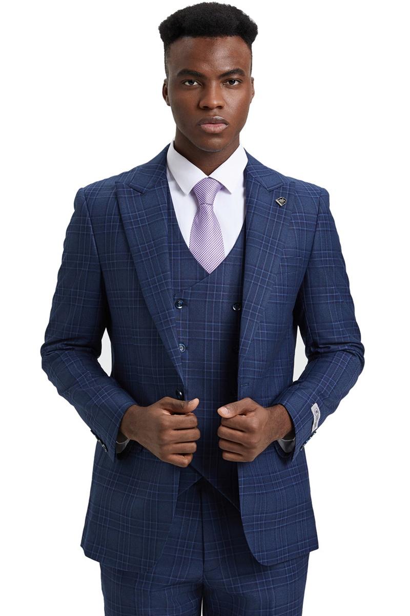 The men's Stacy Adams one-button peak lapel double-breasted vest suit features a blue and purple plaid pattern. The suit's fabric appears tailored, with visible buttons and sharp lapels.