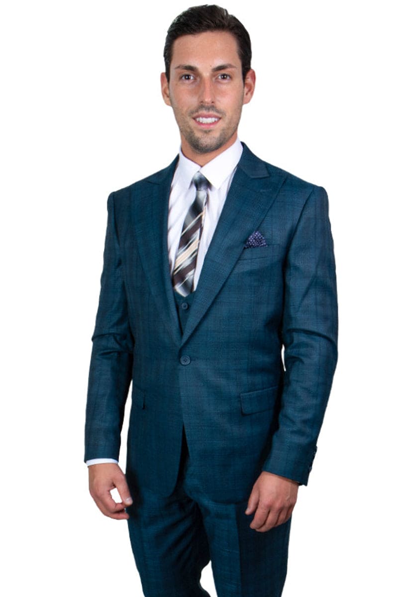 "Mens Stacy Adams Suit - Stacy Adams Suit Men's Glen Plaid Suit - One Button Vested Peak Lapel in Blue & Green"
