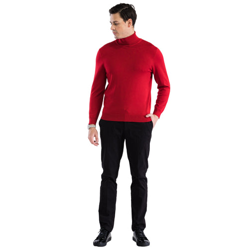 Alberto Nardoni men's red turtleneck sweater. Fitted, long-sleeved, and high-collared. Smooth knit fabric. Solid, vibrant red color.