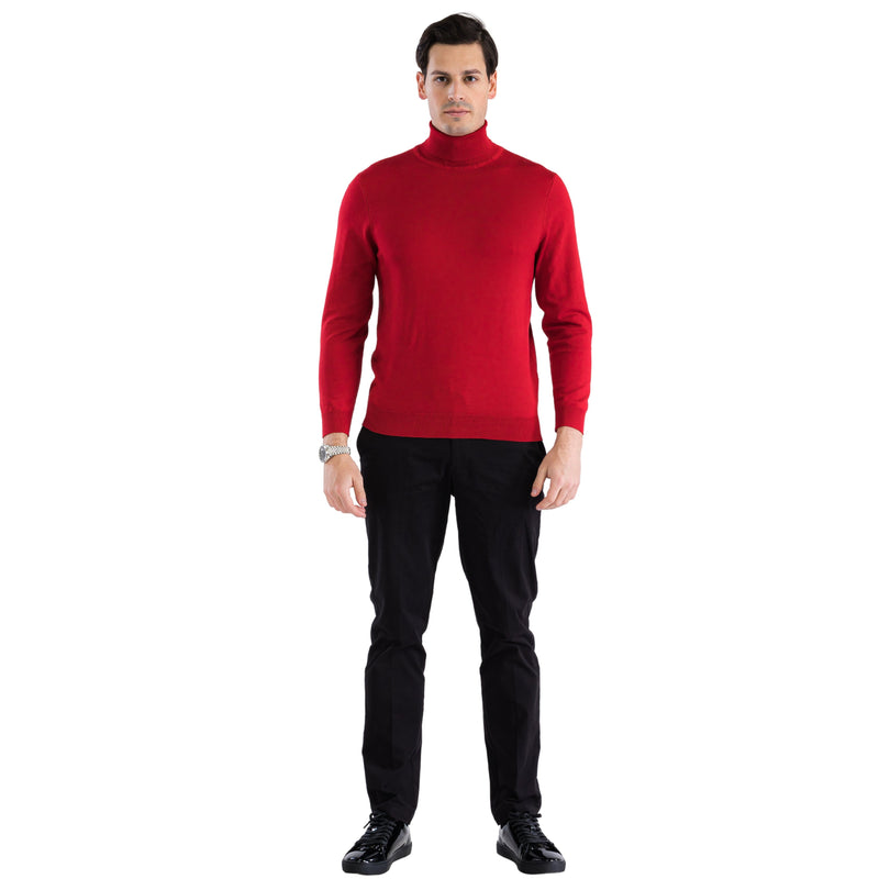 Men's red turtleneck sweater. Fitted shape with long sleeves and high, ribbed collar. Smooth, knit fabric in solid red. Ribbed hem and cuffs for a snug fit.