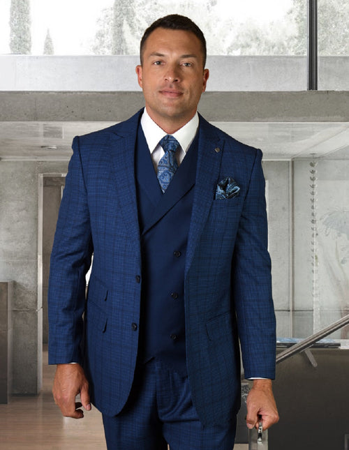 Men's 2-button suit with wide peak lapels. Features a fitted design, double-breasted vest, and matching trousers. Crafted from textured blue fabric with a check pattern for a cohesive look.