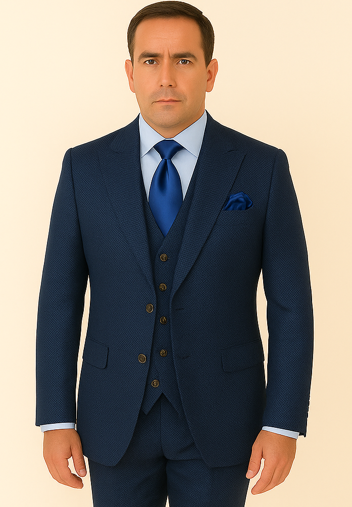 Rossi Man BOND RM1752 Slim Fit 3-Piece Navy Suit – 1-Button Peak Lapel, Double-Breasted Vest & Flat Front Pants