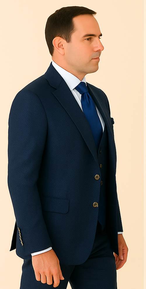 Rossi Man BOND RM1752 Slim Fit 3-Piece Navy Suit – 1-Button Peak Lapel, Double-Breasted Vest & Flat Front Pants