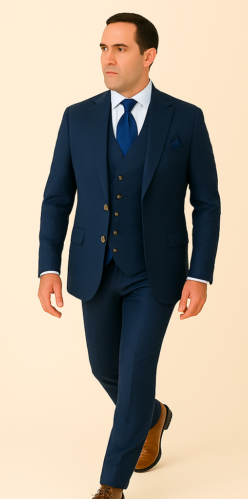 Rossi Man BOND RM1752 Slim Fit 3-Piece Navy Suit – 1-Button Peak Lapel, Double-Breasted Vest & Flat Front Pants