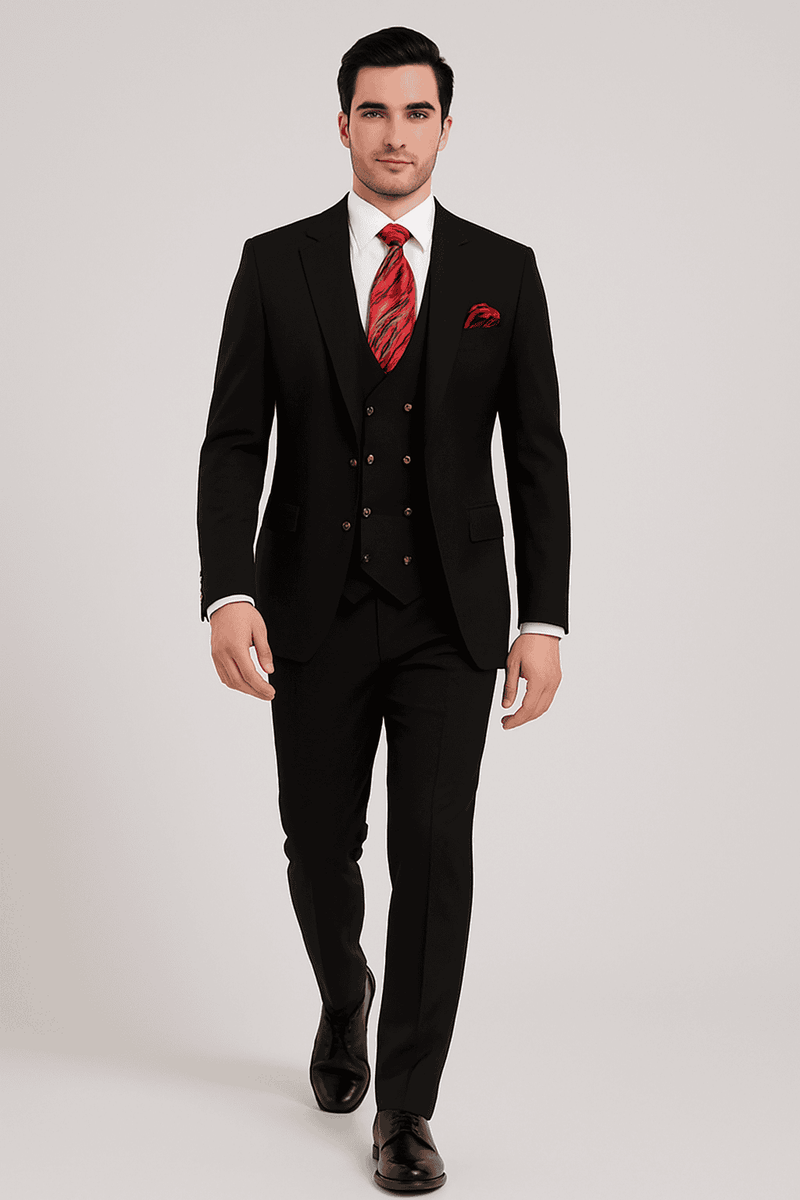 Mens Modern Formal Suit - Rossi Man Max 3-Piece Slim Fit in Solid Black | RM1101