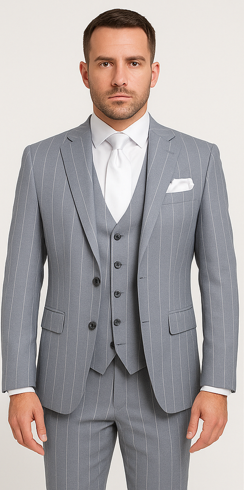 Rossi Man MAX RM1726 Slim Fit 3-Piece Suit – Elegant Grey Pinstripe Formal Suit for Men