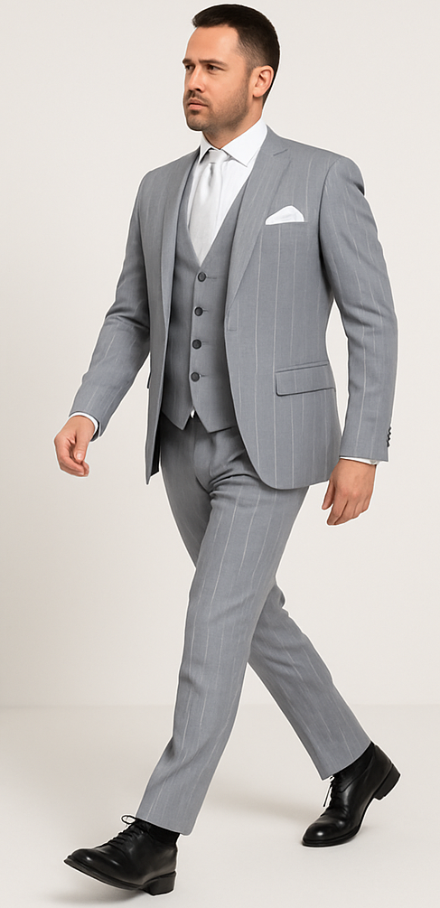 Rossi Man MAX RM1726 Slim Fit 3-Piece Suit – Elegant Grey Pinstripe Formal Suit for Men