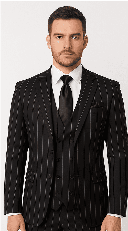 Rossi Man Max RM1728 – Slim Fit 3-Piece Men’s Suit in Black Stripe