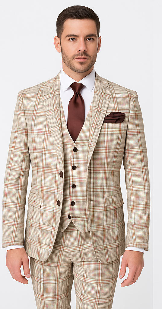 Rossi Man MAX RM1824 Slim Fit 3-Piece Light Brown Suit Elegant Formalwear for Men