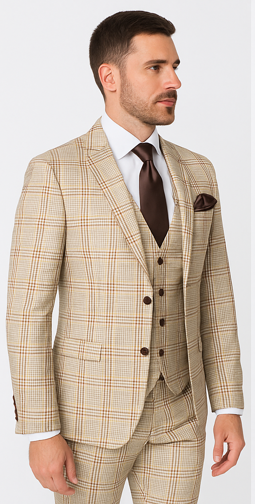 Rossi Man MAX RM1824 Slim Fit 3-Piece Light Brown Suit Elegant Formalwear for Men
