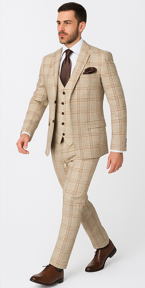 Rossi Man MAX RM1824 Slim Fit 3-Piece Light Brown Suit Elegant Formalwear for Men