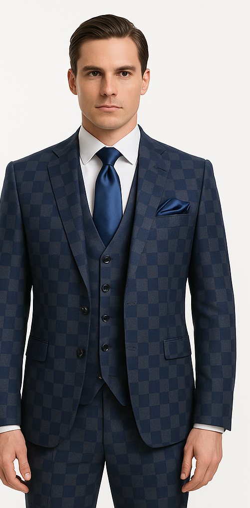 Rossi Man MAX Collection RM1838 – Modern Slim Fit 3-Piece Navy Check Suit for Men