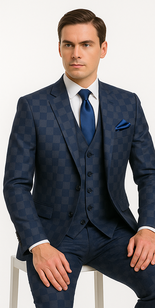Rossi Man MAX Collection RM1838 – Modern Slim Fit 3-Piece Navy Check Suit for Men