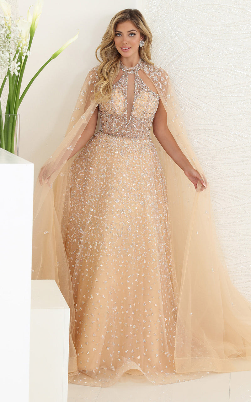 Royal Queen RQ8133 Champagne Beaded Evening Dress with an Elegant Cape